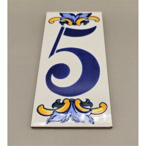 House Number Tile Number 5 Glazed Clay Pottery Blue and White